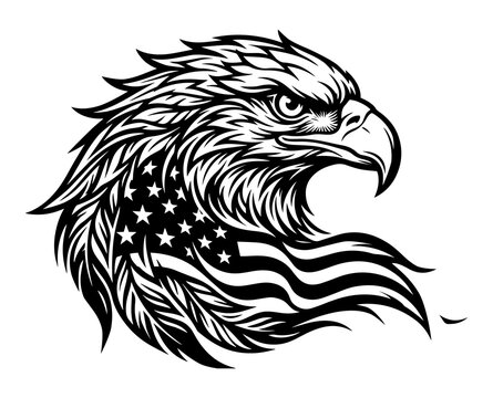 Bald eagle head silhouette with united states flag pattern in feathers american patriotic national