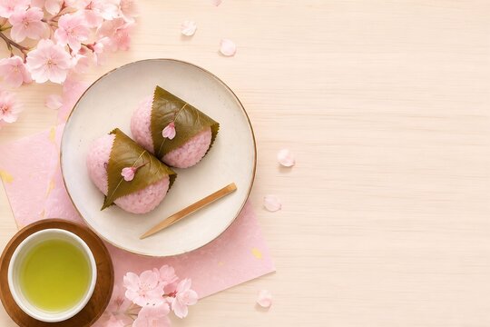 春の桜餅と緑茶で楽しむお花見のティータイム｜Traditional Japanese Sakura Mochi with Green Tea and Cherry Blossoms for Spring Hanami Celebration