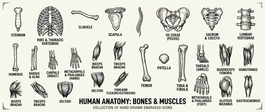 Hand-drawn Human Anatomy Bones and Muscles Icons Set