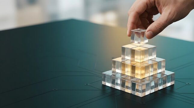 Financial growth strategy concept with hand stacking transparent golden cubes