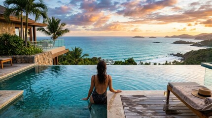 Obraz premium Luxury Villa Sunset View Caribbean Escape Infinity Pool Relaxation Travel Destination Vacation Paradise