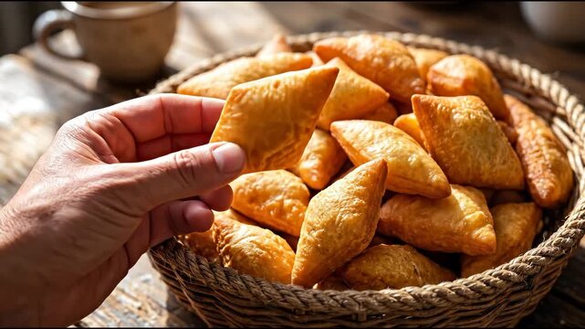 Traditional Fried Dough Baursak in Ceramic Bowl