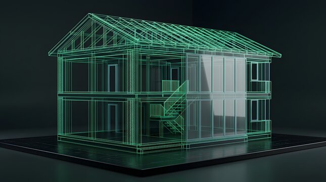 Virtual real estate planning concept with glowing green house wireframe model