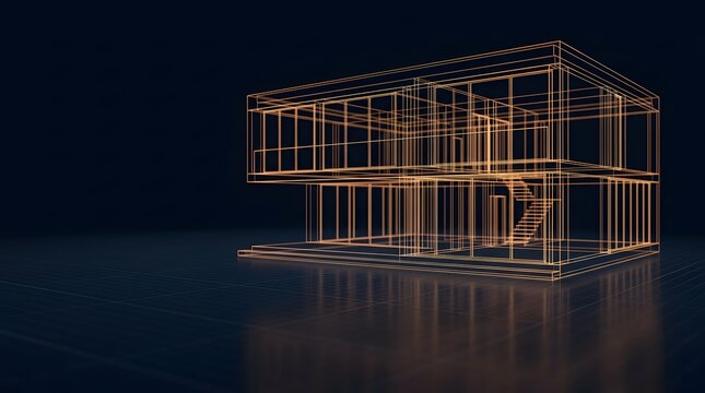 Digital twin real estate concept with glowing orange wireframe house model