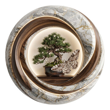 Small green bonsai tree inside a decorative marble circle frame