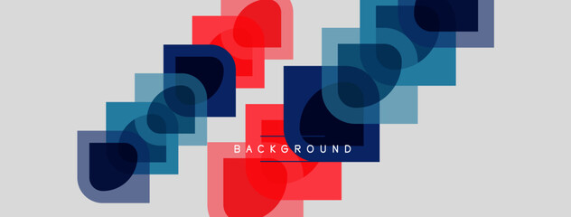Fototapeta premium Abstract geometric pattern. Overlapping squares, rectangles, circles create dynamic visual flow. Red, blue, gray hues dominate composition.