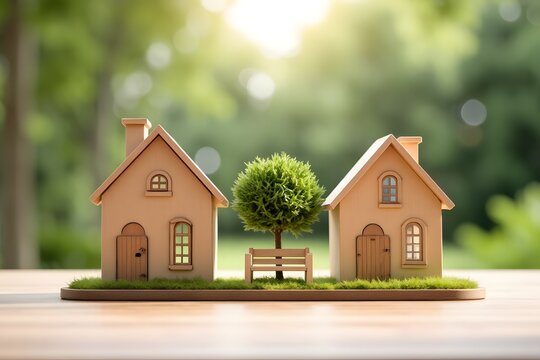 Umzug mit zwei Holzh&auml;usern und Baum als Symbol f&uuml;r Familienleben