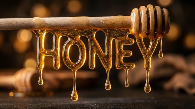 Golden Honey Dripping from Wooden Dipper Forming the Word Honey.
