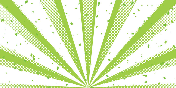 Bright Green Sunburst Radial Background with Confetti