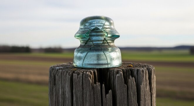 Cracked antique glass insulator sits atop weathered wooden post
