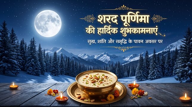 Sharad Purnima Full Moon with Traditional Kheer Bowl for Hindu Festival Greeting Banner and Celebration