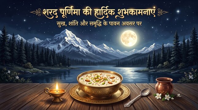 Sharad Purnima Full Moon with Traditional Kheer Bowl for Hindu Festival Greeting Banner and Celebration