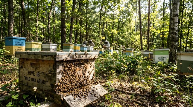 Beehives in a Lush Forest Setting.