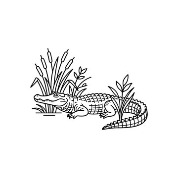 Black Caiman with Reeds on White Background