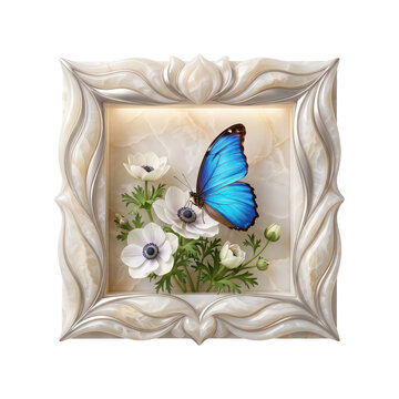 Blue butterfly sitting on beautiful white flowers inside a decorative ornate vintage picture frame