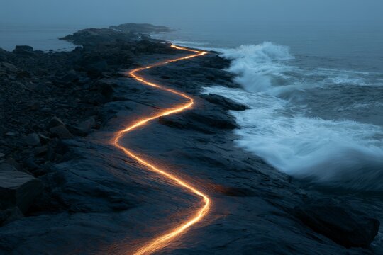 Glowing path leading across a rocky ocean shoreline
