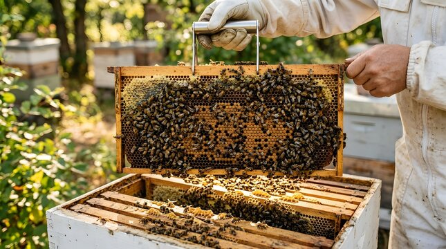 Beekeeper Inspecting Honeycomb Frame Full of Bees.