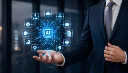 Fototapeta premium Businessman holding a futuristic AI hologram. Modern technology concept for digital innovation and artificial intelligence.