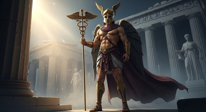 Armored Warrior with Winged Helmet Stands in Ancient Temple