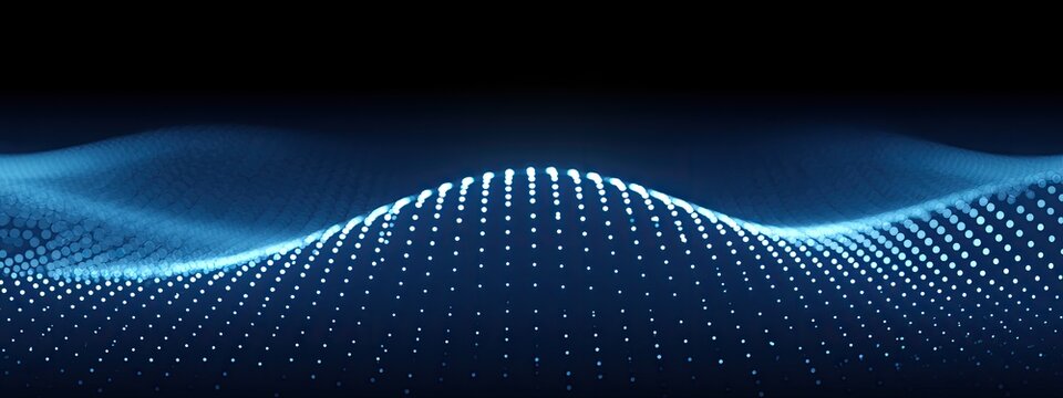 Glowing blue particles form a digital wave against a dark background
