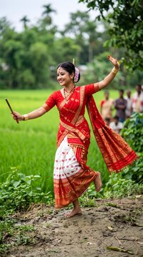 Happy Assamese woman in traditional Mekhela Sador performing Bihu dance.