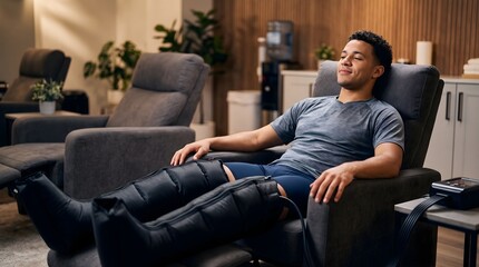 Fototapeta premium Athlete using pneumatic compression boots for leg recovery in a wellness spa.