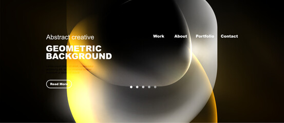 Fototapeta premium Dark website design features overlapping colorful shapes. Text highlights geometric background, navigation options present. Minimalist aesthetic.