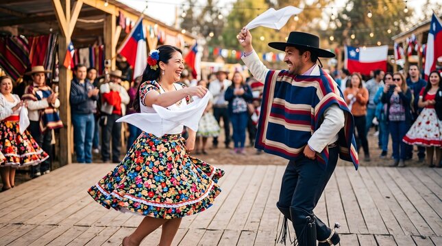 Chilean couple dancing Cueca national dance with white handkerchiefs