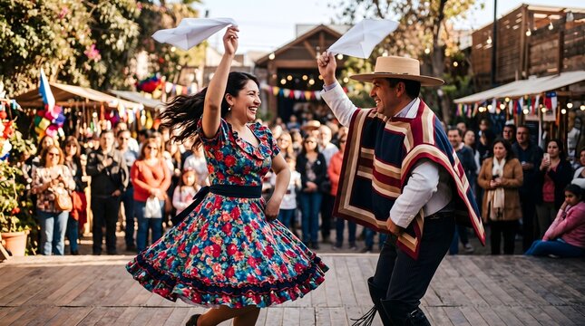 Happy couple dancing Cueca, the traditional national dance of Chile outdoors