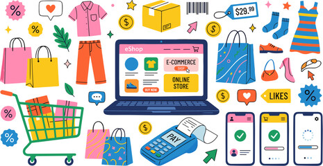 Fototapeta premium Online Shopping and E-commerce Concept Illustration with Laptop Smartphones and Retail Icons.