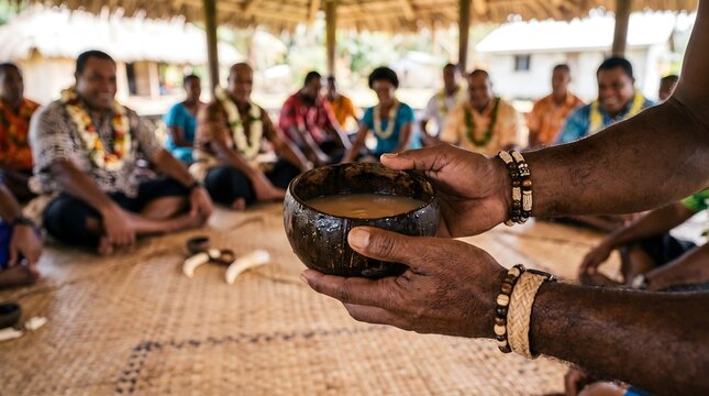 Close up of hands holding a traditional kava drink in a Fijian bilo ceremony.