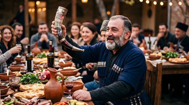 Georgian Tamada raising a traditional drinking horn during a Supra feast