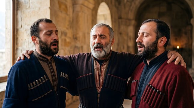 Georgian men in traditional chokha singing polyphonic music in a stone church