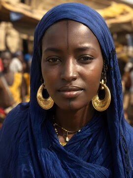 Portrait of a Fulani woman wearing traditional blue veil and gold earrings
