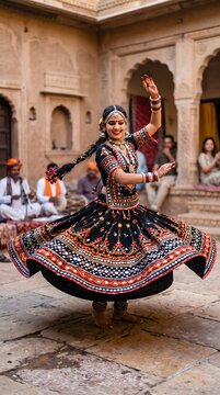 Kalbeliya folk dancer performing traditional spinning dance in Rajasthan India