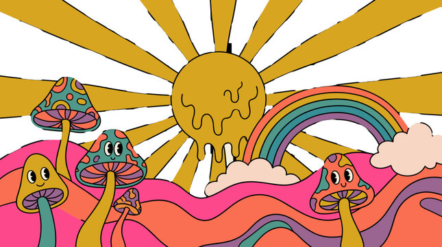 Psychedelic Retro Mushroom Landscape with Melting Sun and Rainbow in Seventies Style.