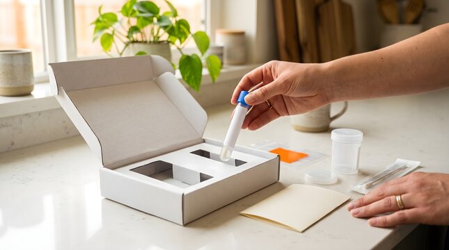 Woman preparing a home microbiome gut health test kit on a kitchen counter