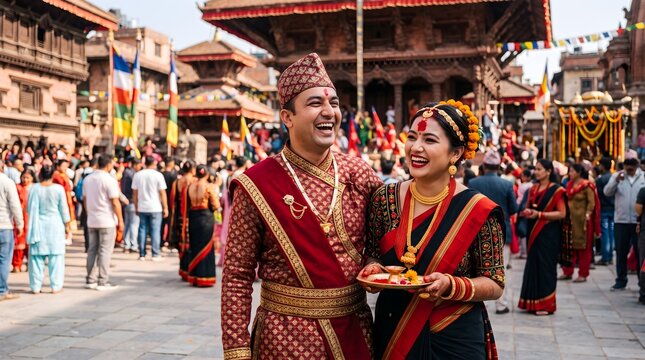 Happy Newari couple in traditional attire at a Kathmandu temple festival