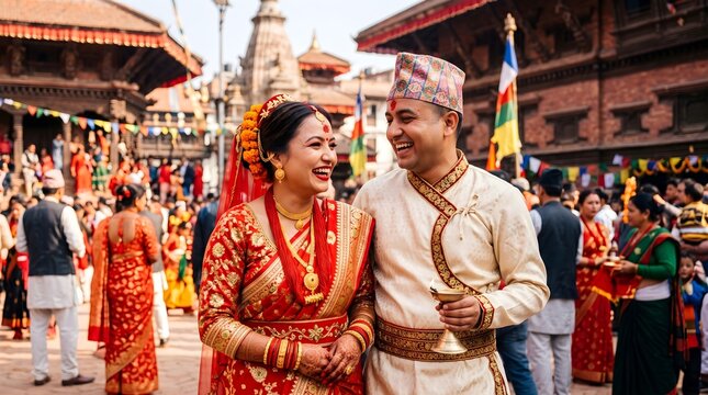 Happy Nepalese Newari couple in traditional attire celebrating in Kathmandu