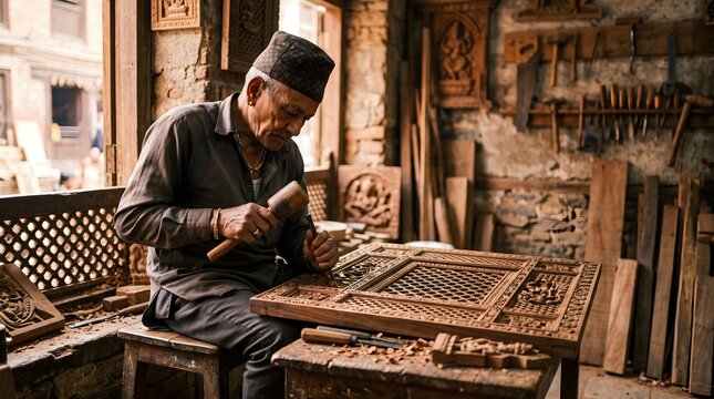 Nepali artisan carving traditional Newari wooden window in Kathmandu workshop
