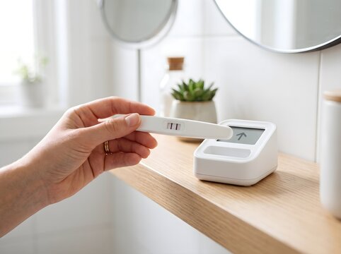 Woman holding a positive ovulation test strip next to a smart fertility tracker.