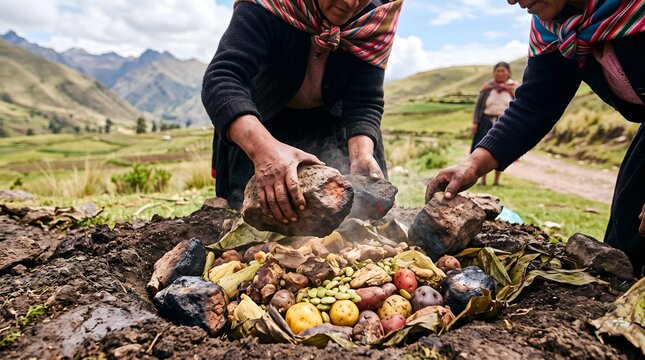 Indigenous Andean women preparing traditional Pachamanca earth oven in Peru