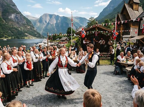 A joyful Norwegian folk dance performance featuring traditional Bunad costumes in a stunning fjord landscape setting with a festive crowd