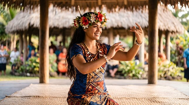 Smiling Samoan woman performing traditional Siva Samoa dance inside a fale