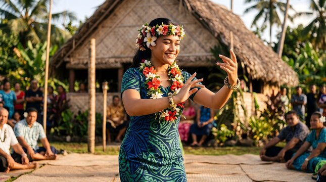 Beautiful Samoan woman performing traditional Siva Samoa dance in front of fale