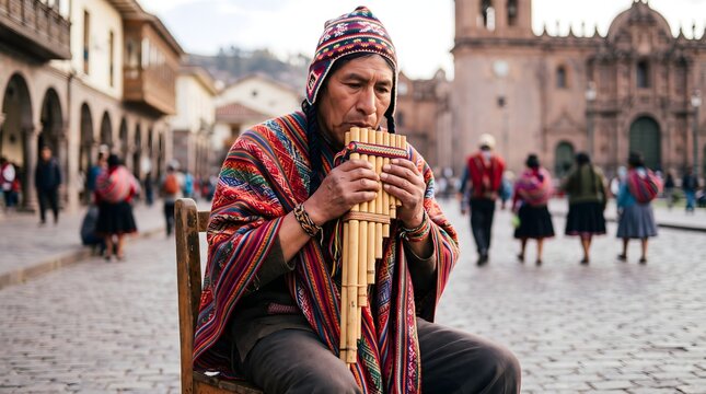 Andean musician in traditional poncho playing siku panpipe in historic plaza