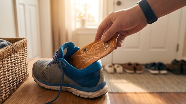 Hand placing a smart insole with flexible circuit board into a running shoe.