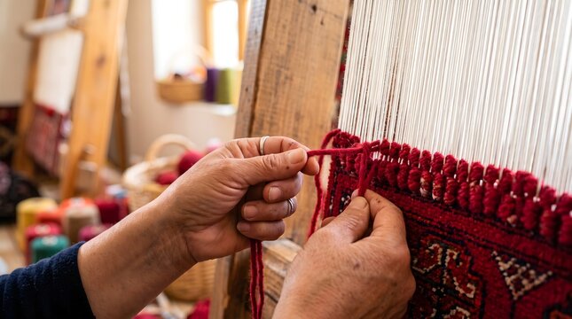 Close-up of hands weaving a traditional red Turkmen carpet on a wooden loom.