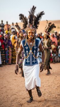 Wodaabe man dancing in traditional attire during the Gerewol festival in Niger