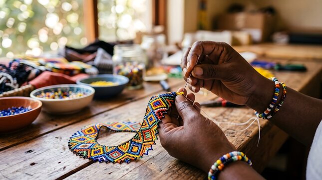 Artisan hands crafting a traditional Zulu beaded necklace in South Africa.